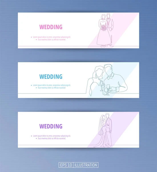 Conjunto Pancartas Dibujo Continuo Línea Novia Novio Ceremonia Boda Máscaras — Vector de stock