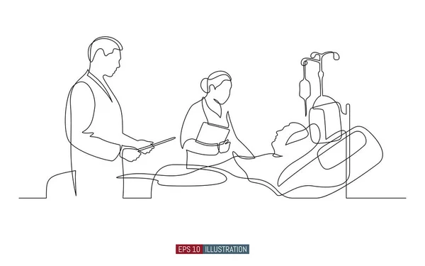 Безперервний Креслення Лікарів Пацієнтів Лікарняна Сцена Шаблон Ваших Дизайнерських Робіт — стоковий вектор