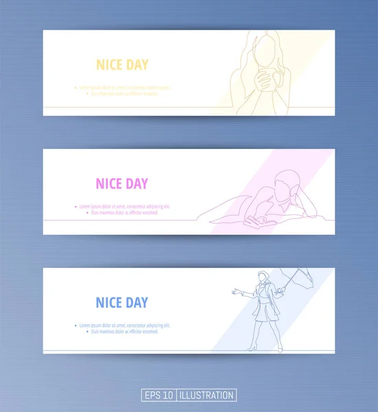 Set of banners. Continuous line drawing of girl lying with a book, girl with cup of coffee, girl with umbrella. Editable masks. Template for your design works. Vector illustration. — Stock Illustration Set Banners Continuous Line Drawing Girl Lying Book Girl Cup Stock Illustration