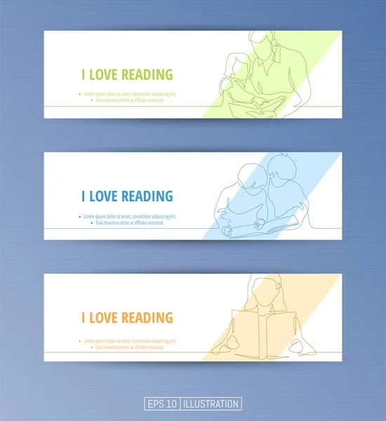 Set of banners. Continuous line drawing of reading people. Editable masks. Template for your design works. Vector illustration. — Stock Illustration Set Banners Continuous Line Drawing Reading People Editable Masks Template Royalty Free Stock Illustrations