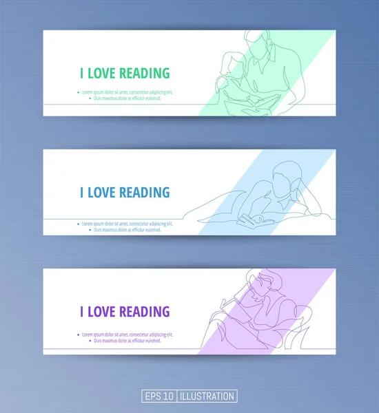 Set of banners. Continuous line drawing of reading people. Editable masks. Template for your design works. Vector illustration. — Stock Illustration Set Banners Continuous Line Drawing Reading People Editable Masks Template Stock Vector