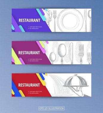 Pankart seti. Elle çizilmiş tabak, peçete, çatal ve bıçak. Sıcak yemekler için el yapımı tepsi. İşlemeli stil. Düzenlenebilir maskeler. Tasarımının şablonu işe yarıyor. Vektör illüstrasyonu.