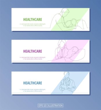 Pankart seti. Sürekli olarak sağlık sembolleri çiziliyor. Doktor, hasta, hastane. Düzenlenebilir maskeler. Tasarımının şablonu işe yarıyor. Vektör illüstrasyonu.