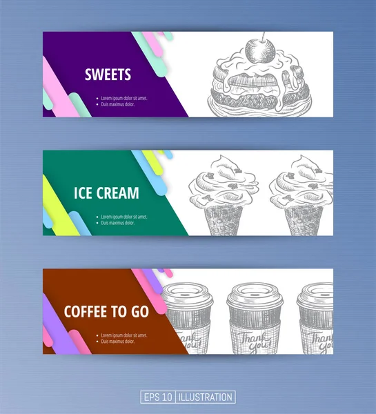 Ein Satz Banner Handgezeichnetes Fast Food Süßigkeiten Eis Coffee Gravierter — Stockvektor