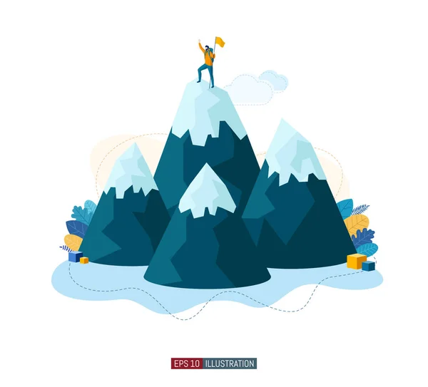Trendy Flat Illustration Winner Man Mountain Peak Victory Symbol Competition — Stock Vector