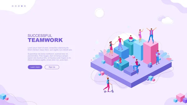 Trendig Platt Illustration Framgångsrikt Teamwork Sidkoncept Kontorsanställda Planerar Affärsmekanismer Analyserar — Stock vektor