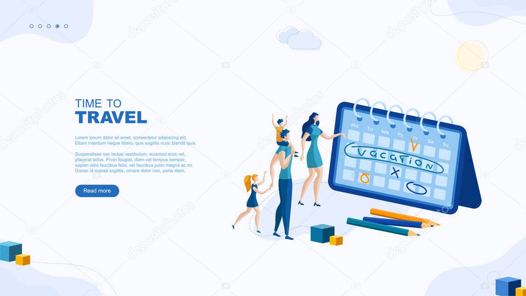 Trendy flat illustration. Time to travel  page concept. The family is planning a vacation. Relaxation. Recreation. Father, mother, daughter and son. Template for your design works. Vector graphics.