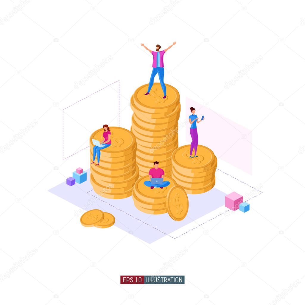 Trendy flat illustration. Concept of illustration of financial success. Teamwork. Competition. Business. Banking. Crowdfunding. Startup. Template for your design works. Vector graphics.