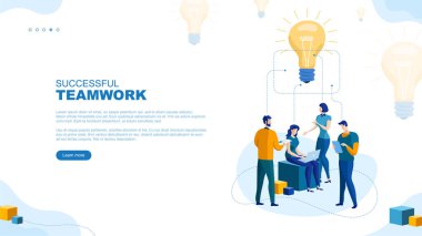 Moda düz çizim. Başarılı takım çalışması sayfası konsepti. İş planlama, iş stratejisi ve fikir alışverişinde bulunan ofis çalışanları. Tasarımınız için şablon. Vektör grafikleri.