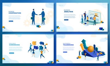 Moda düz çizim. Bir dizi web sayfası konsepti. İş birliği. İş analizi. Açık uzay işbirlikçisi. Başarılı bir takım çalışması. Tasarımının şablonu işe yarıyor. Vektör grafikleri.