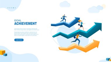 Moda düz çizim. Hedef başarı sayfası konsepti. İşadamları bir ok üzerinde ilerliyorlar. Motivasyon. Hem de çok. Kariyer planlama. Tasarımının şablonu işe yarıyor. Vektör grafikleri.