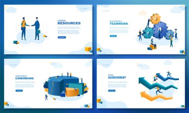 Moda düz çizim. Bir dizi web sayfası konsepti. İnsan kaynakları. Başarılı bir takım çalışması. Açık alan işbirliği. Gol başarısı. Tasarımının şablonu işe yarıyor. Vektör grafikleri.