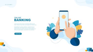 Moda düz çizim. Çevrimiçi bankacılık sayfası kavramı. Akıllı telefonu tutan eller. Banka işlemleri devrede. Başvuru formu. Finansal başarı. İş için. Tasarımının şablonu işe yarıyor. Vektör grafikleri.