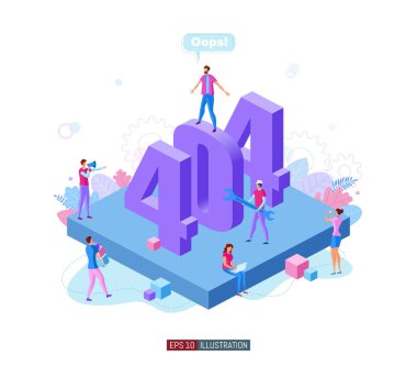 Moda düz çizim. 404 hata sayfası için kavram. Tasarımının şablonu işe yarıyor. Vektör grafikleri.