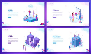 Moda düz çizim. Takımımıza katıl. İnternetten alışveriş. Başarılı bir takım çalışması. Bir dizi web sayfası konsepti. Tasarımının şablonu işe yarıyor. Vektör grafikleri.