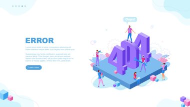 Moda düz çizim. 404 hata sayfası konsepti. İnsanlar hatayı düzeltmeye çalışıyorlar. Tasarımının şablonu işe yarıyor. Vektör grafikleri.