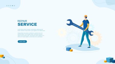 Moda düz çizim. Onarım servisi sayfası konsepti. İngiliz anahtarlı miğferli bir adam. Atölye. Garanti veriyorum. Tasarımının şablonu işe yarıyor. Vektör grafikleri.