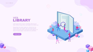 Moda düz çizim. Web kütüphanesi sayfası konsepti. İnsanlar kitap okuyor. Eğitim. - Bilgi. - Bilim. Dijital arşiv. Tasarımının şablonu işe yarıyor. Vektör grafikleri.