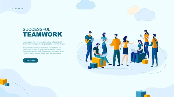 Trendig Platt Illustration Framgångsrikt Teamwork Sidkoncept Kontorsarbetare Planerar Affärsmekanism Analysera — Stock vektor