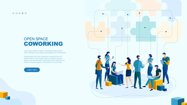 Ilustração Plana Moda Espaço Aberto Conceito Página Coworking Trabalhadores Escritório —  Vetores de Stock