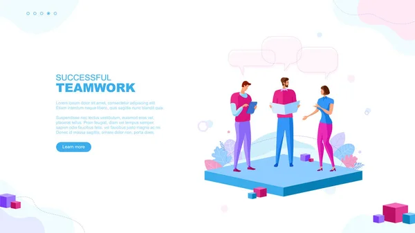 Trendig Platt Illustration Framgångsrikt Teamwork Sidkoncept Kontorsarbetare Planerar Affärsmekanism Analysera — Stock vektor