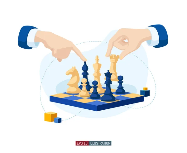 Ilustração Plana Moda Mãos Jogadores Xadrez Conceito Estratégia Negócios Jogo — Vetor de Stock