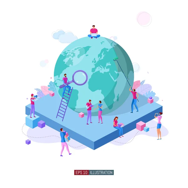 Trendy Platte Illustratie Teamwork Metafoor Concept Vrijwilligerswerk Globalisering Leren Onderwijs — Stockvector