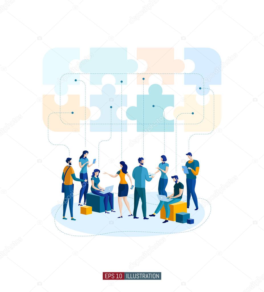 Trendy flat illustration. Office workers planing business mechanism, analyze business strategy and exchange ideas. Puzzle pieces. Teamwork concept. Template for your design works. Vector graphics.