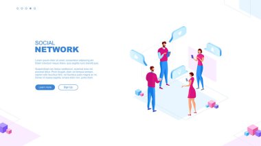 Moda düz çizim. Sosyal ağ sayfası konsepti. Sosyal medya. Haberleşme. Sohbet. Tasarımının şablonu işe yarıyor. Vektör grafikleri.