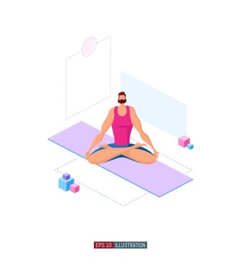 Moda düz çizim. Yoga yapan bir adam. Aktivite. Fitness. Yoga pozları. Yaşam tarzı. Tasarımının şablonu işe yarıyor. Vektör grafikleri.
