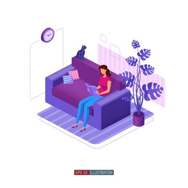 Moda düz çizim. Kanepede kitabı olan bir kız. Tencerede kapalı bir bitki. Oturan kedi. Tasarımının şablonu işe yarıyor. Vektör grafikleri.