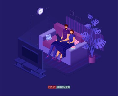 Moda düz çizim. Aile televizyon izler. Kablolu TV. Aile eğlencesi. Tasarımının şablonu işe yarıyor. Vektör grafikleri.