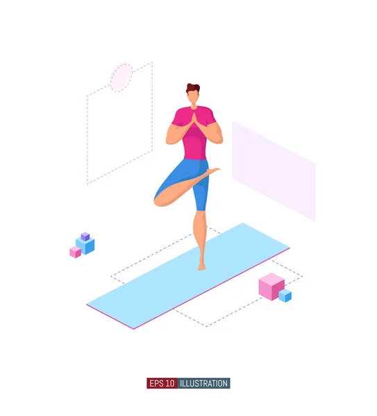 Ilustración Plana Moda Hombre Haciendo Yoga Actividad Fitness Yoga Posa — Vector de stock