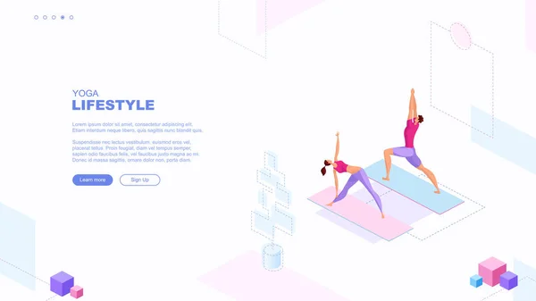 Ilustración Plana Moda Concepto Página Yoga Lifestyle Gente Haciendo Yoga — Vector de stock