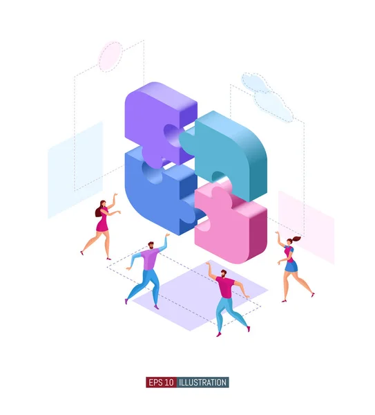 Trendy Platte Illustratie Mensen Maken Puzzels Teamwork Metafoor Concept Samenwerking — Stockvector