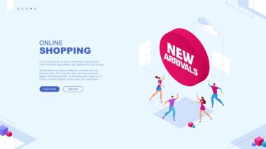 Moda düz çizim. Online alışveriş sayfası konsepti. Çevrimiçi pazarlama. Yeni gelen. Tasarımının şablonu işe yarıyor. Vektör grafikleri.