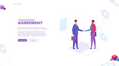 Moda düz çizim. Ortaklık anlaşması sayfası konsepti. İş adamı. El sıkışalım. Tasarımının şablonu işe yarıyor. Vektör grafikleri.