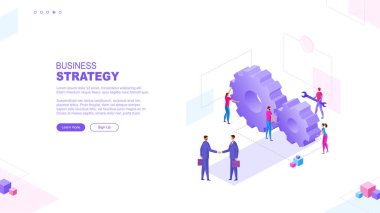 Moda düz çizim. İş stratejisi sayfası kavramı. İki iş adamı tokalaşması. Başarılı bir takım çalışması. Tasarımının şablonu işe yarıyor. Vektör grafikleri.