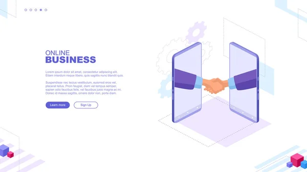 趋势平面插图 在线页面概念 商人们握手 用智能手机做生意 你设计作品的模板 矢量图形 — 图库矢量图片