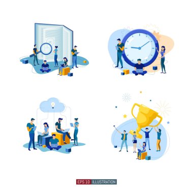 Moda düz çizim seti. Takım çalışması metaforu. Ortak fikri uygulayan insanların işbirliği içinde olması. Zaman yönetimi. Gol başarısı. Tasarımının şablonu işe yarıyor. Vektör grafikleri.