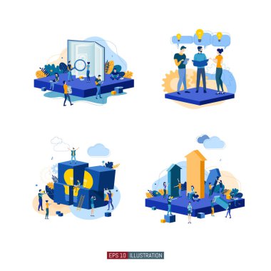 Moda düz çizim seti. Takım çalışması metaforu. Ortak fikri uygulayan insanların işbirliği içinde olması. Tasarımının şablonu işe yarıyor. Vektör grafikleri.