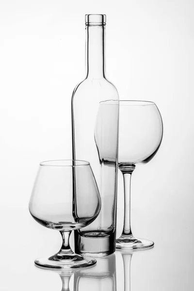 Verres Bouteilles Pour Brandy Vin Arrière Plan — Photo