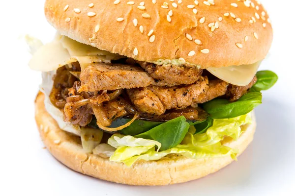 stock image tasty burger with cheese and vegetables on a white background