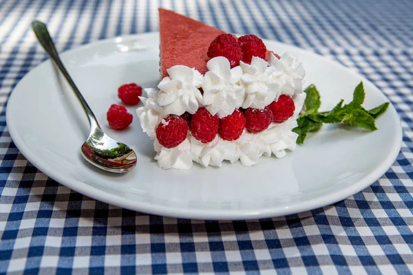 Strawberry Cheesecake Raspberries Whipped Cream Mint — Stock Photo, Image