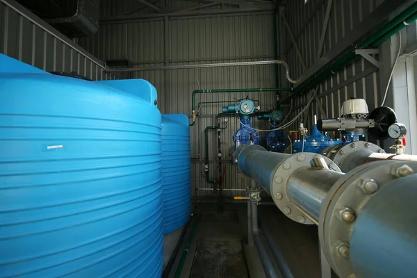 Wide-angle panoramic photo of the newest alternative fuel boiler room with pipes, towers and tanks, on a clear summer day, without people — Stock Photo, Image