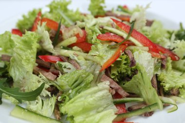 Restoran yemek, yeşil salata salatalık, kırmızı biber, pastırma ve roka, sağlıklı gıda, yakın çekim, menü için