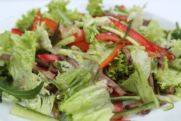 restaurant dish, green salad with cucumbers, red pepper,�bacon and arugula, healthy food, close-up, for the menu