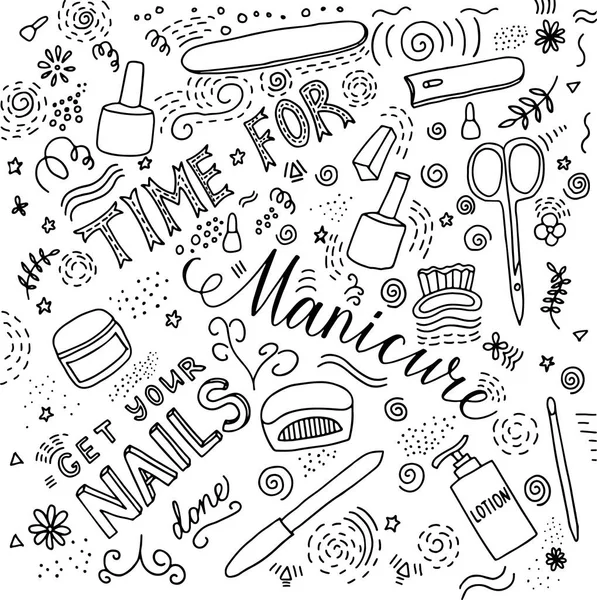 Tempo para a manicure doodle lettering —  Vetores de Stock