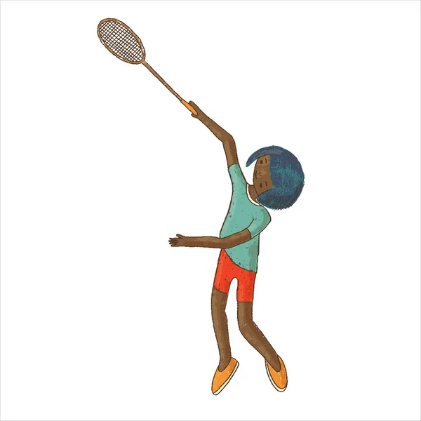 Чернокожая девушка играет в бадминтон с ракеткой — стоковый вектор