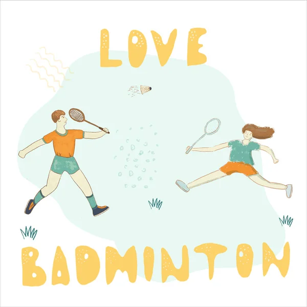 Carta de la inspiración Badminton con caracteres masculinos. — Vector de stock
